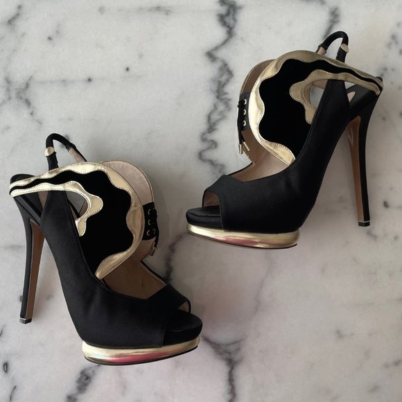 Nicholas Kirkwood Satin, Leather and Velvet Slingback Platform Sandals - Picture 8 of 12